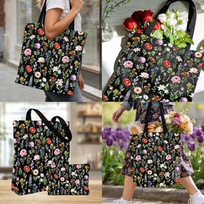 2 Pack Canvas Tote Bag with Makeup Zipper Pouch Colorful Polyester Printed Reusable Shopping Bags for Women - style: Black Flower