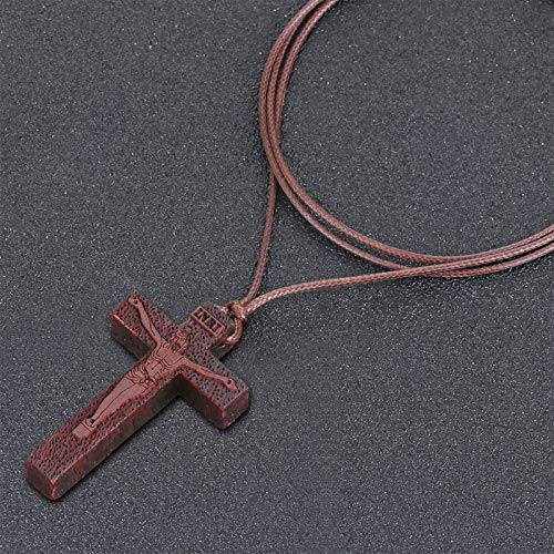 COTTVOTT Wood Orthodox Cross Pendant Necklace Christian Crucifix Necklace Prayer Jesus for Women Men - style: H-Red Color