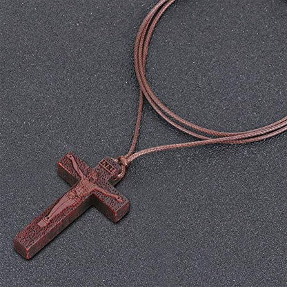 COTTVOTT Wood Orthodox Cross Pendant Necklace Christian Crucifix Necklace Prayer Jesus for Women Men - style: H-Red Color
