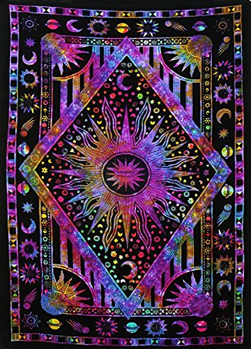 Popular Handicrafts Wall Hanging Tapestry For Bedroom Hippie Sun Moon Bohemian Hippy Psychedelic Design Indian Tapestries Bedspread 54 x 82 Inches (140cm x 210cm) Multicolor Tie Dye - color: Multi Color, size: 84"L x 54"W