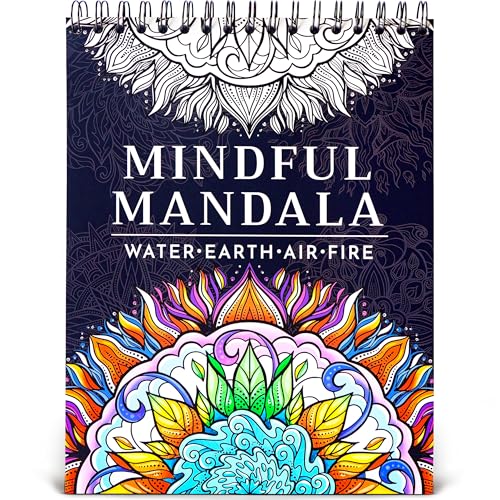 Mandala Coloring Book for Adults Spiral Bound, 50 Unique Relaxing Designs - color: Mindful Mandala - Elements