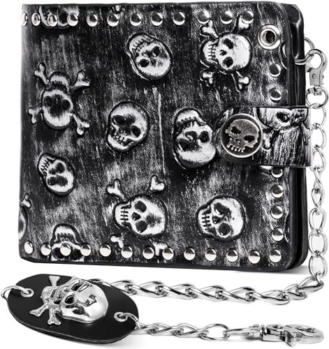ZEKEE Skull Gothic Chain Wallet Leather - Punk Bifold Halloween Goth Accessories Studded Edge Design | Unisex, Black - style: Rebel Edge Skull