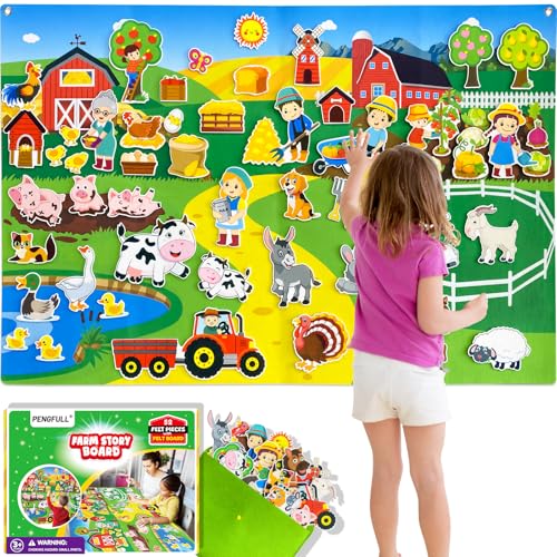 Felt Flannel Story Board Set for Toddlers,44 * 28in Flannel Board for Wall,52 Felt Farm Animals Pieces,Farmhouse Theme Story Preschool Storytelling,Learning Interactive,for 3 Years + Kids