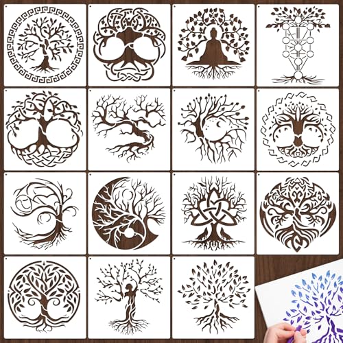 Yazhiji 15Pcs 6 x 6 Inch Tree of Life Stencil, Reusable Stencils for Painting on Wood Decoration Painting Templates for Wall Floor DIY Decorations Christmas Gifts for Kids - style: Tree of Life