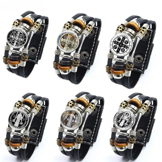 925 Sterling Silver San Benito Bracelet For Men - Luminous St Benedict Bracelets Leather Catholic San Benito Snap Button Bangles Multilayer Wristband, Rosario De San Benito, Pulseras De San Benito - color: 6 - San Benito Bracelet