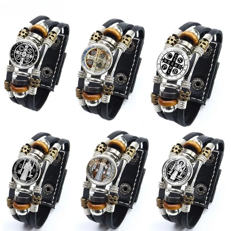 925 Sterling Silver San Benito Bracelet For Men - Luminous St Benedict Bracelets Leather Catholic San Benito Snap Button Bangles Multilayer Wristband, Rosario De San Benito, Pulseras De San Benito - color: 2 - San Benito Bracelet