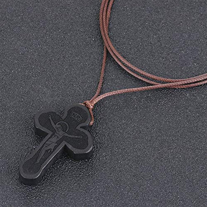 COTTVOTT Wood Orthodox Cross Pendant Necklace Christian Crucifix Necklace Prayer Jesus for Women Men - style: A-Black Color