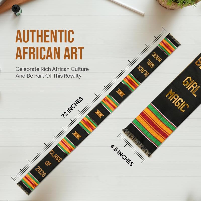 Black Girl Magic Kente Graduation Stole 2026 | Authentic African Art Kente Stole | Bold Patterns and Vibrant Colors 72"x4.5"