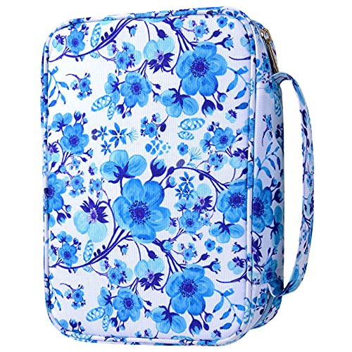 G-LEAF Bible Cover Case/Book Cover, Bible Case for Women Girls, Bible Cover Bags Floral Pattern With Handle Fits for Standard Size Bible, 9.5x6.7x2.5 In - color: Blue Alyssum