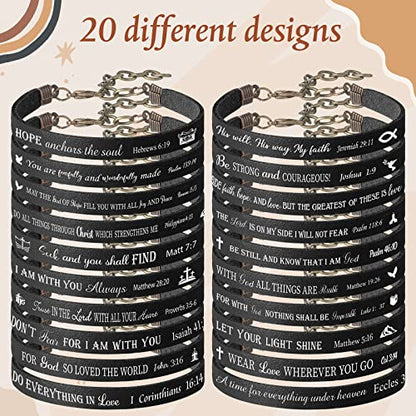 Jeyiour 20 Pcs Christian Leather Bracelets Bible Verse Quotes - color: Black