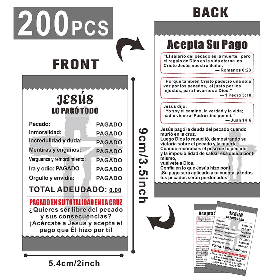 200 Pcs “Jesus Paid It All” Spanish Gospel Tract Cards – Double-Sided Christian Evangelism Cards with Sin Receipt Design, Bible Verse Postcards for Faith Sharing and Outreach
