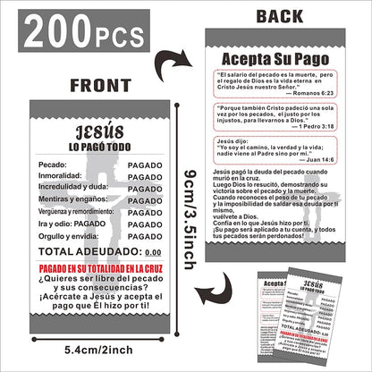 200 Pcs “Jesus Paid It All” Spanish Gospel Tract Cards – Double-Sided Christian Evangelism Cards with Sin Receipt Design, Bible Verse Postcards for Faith Sharing and Outreach