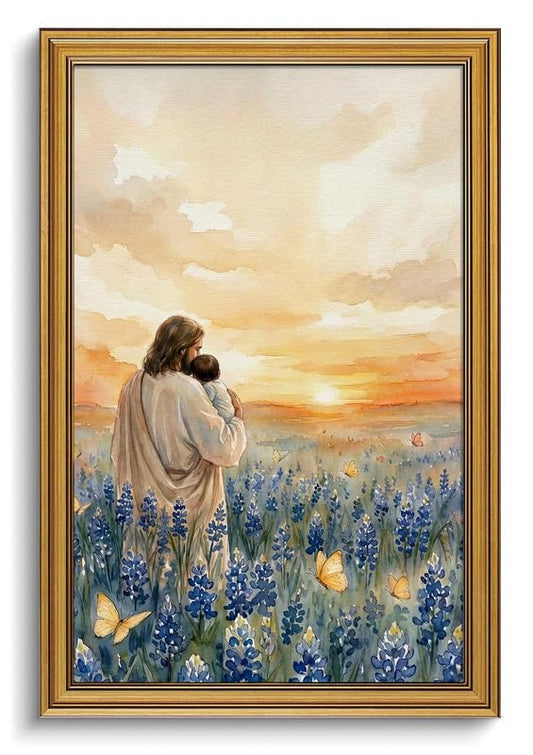 Jesus Wall Art Gold Framed Decor Holding a Baby Floral Religious Pictures - color: Gold Framed-05, size: 16x24in