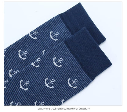 Men's Colorful Striped Dress Socks, 5-Pack Cotton, Sock Size 10-13 - color: Navy Blue Solid & Pattern Mix