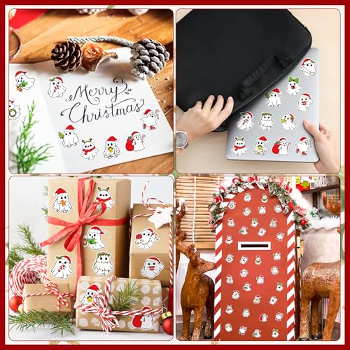 BeYumi Christmas Cute Ghost Stickers - 1000Pcs Christmas Cute Ghost Rolled Stickers in 2 Rolls Xmas Red Santa Hat Boo Adhesive Waterproof Vinyl Decals Holiday Party School Envelope Scrapbooking Decor - style: Christmas Boo