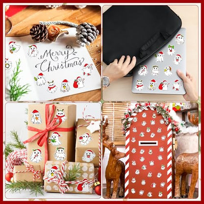 BeYumi Christmas Cute Ghost Stickers - 1000Pcs Christmas Cute Ghost Rolled Stickers in 2 Rolls Xmas Red Santa Hat Boo Adhesive Waterproof Vinyl Decals Holiday Party School Envelope Scrapbooking Decor - style: Christmas Boo