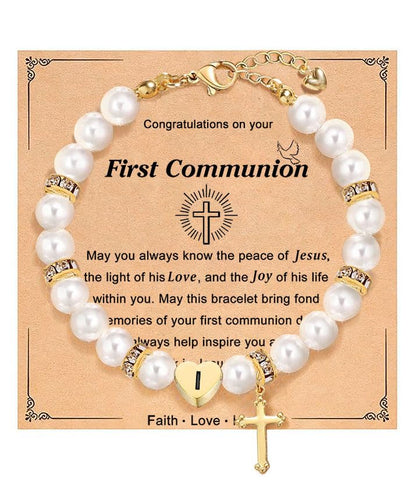 enasal First Communion Gifts for Girls Teens, Initial A-Z Cross Pearl Bracelet for Christian Catholic Daughter Goddaughter - color: Initial-I