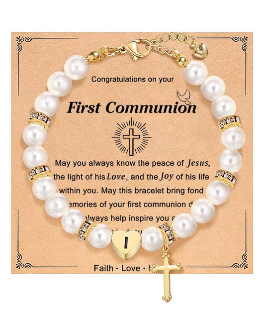 enasal First Communion Gifts for Girls Teens, Initial A-Z Cross Pearl Bracelet for Christian Catholic Daughter Goddaughter - color: Initial-I