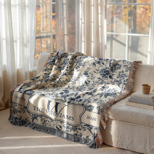 Chillever Personalized Blue Toile Monogram Woven Blanket, Custom Last Name Floral Throw, Housewarming Gift for Newly Married Couple, Family Keepsake, 2nd Cotton Anniversary Present - color: A2