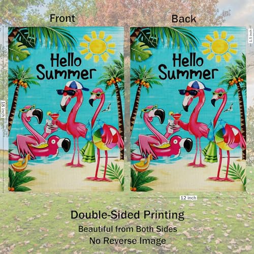 Hello Sunshine Flamingo Garden Flag Double Sided Burlap 12x18in - color: Blue Sunshine