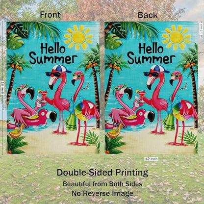 Hello Sunshine Flamingo Garden Flag Double Sided Burlap 12x18in - color: Blue Sunshine