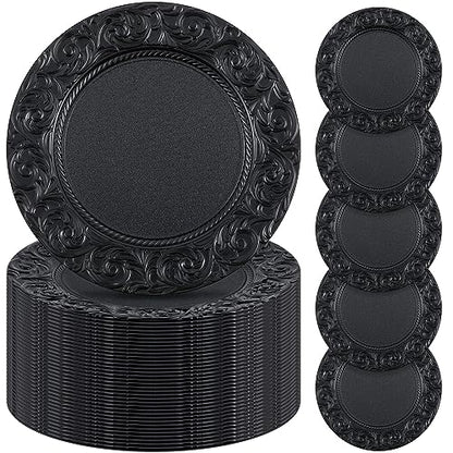 Uiifan 50 Pcs Black Charger Plates Bulk 13'' Antique Plastic Chargers - color: Black
