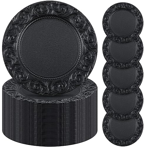 Uiifan 50 Pcs Black Charger Plates Bulk 13'' Antique Plastic Chargers - color: Black