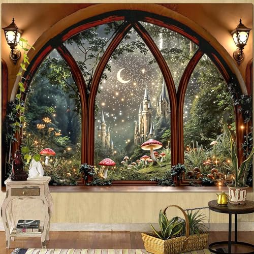 Lifeella Fantasy Castle Window Tapestry, Magic Woodland Scene Large Wall Backdrop, Fairytale Moon Mural for Bedroom Dorm Living Room Decor, 60x80 inches - color: Castle, size: 80"L x 60"W