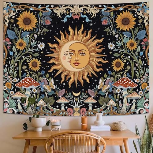 Fungarth Sun and Moon Tapestry Hippie Mushroom Boho Floral Wall Tapestry for Bedroom Aesthetic Vintage Sunflower Celestial Small Tapestries Wall Hanging for Living Room Dorm 60 x 44 Inch - color: Sunflower Mush, size: 60"L x 44"W