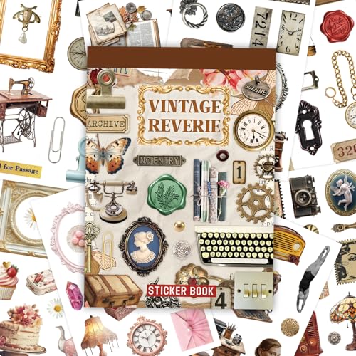 PRSTINCOL Vintage Sticker Book with 30 Pages and 300+ Aesthetic Stickers for Scrapbooking Supplies and Retro Bullet Journal - color: Retro Objects