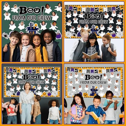 Halloween Ghost Bulletin Board Set Classroom Decorations Pumpkin Castle Paper Cutouts BOO Ghost Pattern Spider Web DIY Photos Bulletin Board Halloween Party Back to School Nursery Classroom Wall Decor - style: Ghost