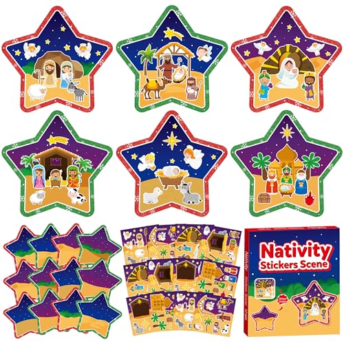 CY2SIDE Christmas Nativity Star Scene Sticker - 12 Set Jesus Birth Christian Sticker for School Reward, Make a Christmas Holy Night Stickers Scene for Classroom Activity Xmas Party Supplies - style: Nativity star