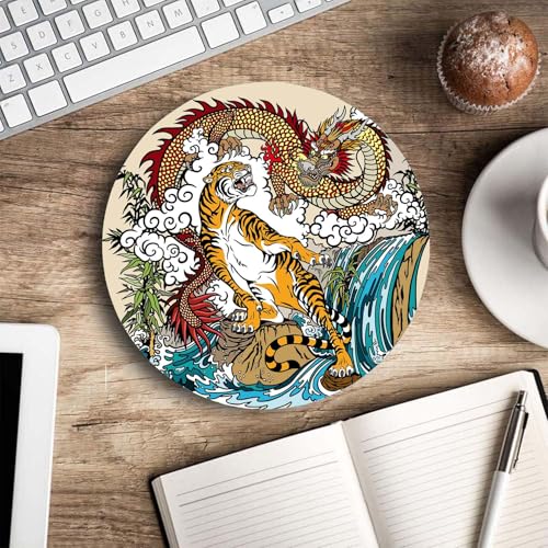 Mouse Pad, Chinese Dragon and Tiger Mouse Pads with Design, Round Washable Cloth Personalized Mouse Mat, Gaming Office Home Non-Slip Rubber Base Computer Mousepad 7.9×7.9×0.12 inches - color: Chinese Dragon and Tiger