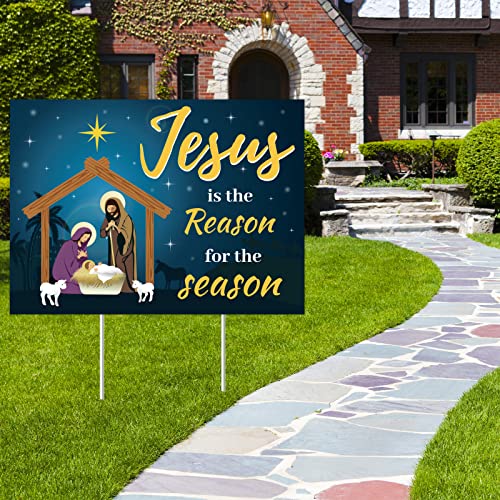 Jesus Is The Reason for The Season Yard Sign Christmas Outdoor Decorations Christmas Holiday Yard Lawn Sign with 2 Sticks Nativity Decoration for Church Home Businesses Stores Parties 19 x 14 Inch
