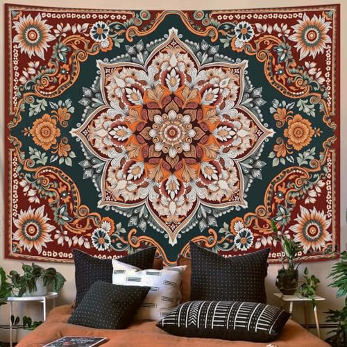 Motanber Vintage Mandala Tapestry Wall Hanging Boho Floral Tapestry Aesthetic Bohemian Flower Hippie Retro Indian Cute Small Tapestries for Bedroom Living Room Dorm Decor 60 x 44 Inch - color: Dark Red Green, size: 60"L x 44"W