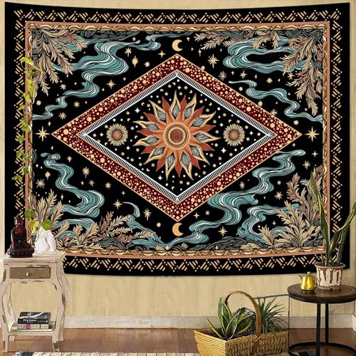 Faxdong Boho Sun Tapestry, Aesthetic Celestial and Fusion Tapesries with Cyan Clouds and Plant,Vintage Mystic Decor for Bedroom, Meditation Living Room or Dorm - color: multicolor2, size: 60"L x 44"W