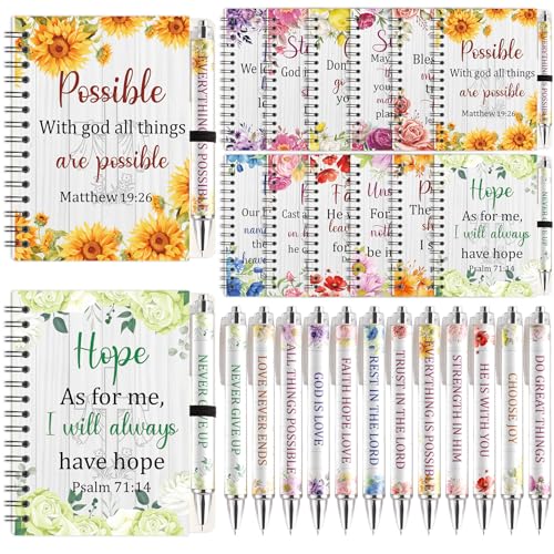12 Sets Christian Notebooks Bulk Bible Spiral Notebooks with Pen A6 Prayer Journal Notepad Inspirational Notebook Religious Jesus Gifts Bulk for Church Groups Bible Study Teachers Men Women (Floral)