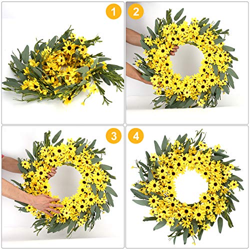 JINGHONG Yellow Spring Wreath 22 Inch Summer Wreath with Sunflower and Daisy Flower Wreaths for Front Door Window Wall Decoration and Indoor Outdoor Decor