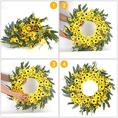 JINGHONG Yellow Spring Wreath 22 Inch Summer Wreath with Sunflower and Daisy Flower Wreaths for Front Door Window Wall Decoration and Indoor Outdoor Decor