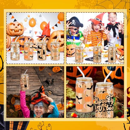 SiliFine 6 Pcs Halloween Glass Cups, 16 oz with Lids and Straws - style: Witch
