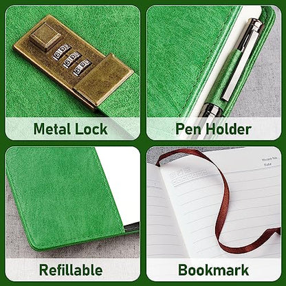 WEMATE Diary with Lock, A5 PU Leather Journal with Lock 240 Pages Green - color: Grass Green