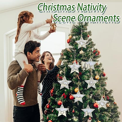 Bucherry 8 Pcs Christmas Nativity Scene Ornaments Wood Christmas Hanging Ornament Acrylic 3D Cut File Ornament Nativity Scene Keepsake for Xmas Tree Birth of Jesus Decoration(Star) - style: Star