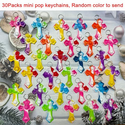 Goodangie00 30 Packs Rainbow Bulk Religion Cross Mini Pop Fidget Keychain Bubble Toy for Kids Classroom Treasure Chest Students Prizes，Birthday Goodie Bag Stuffers，Easter Party Favors Gifts