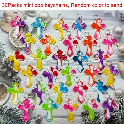 Goodangie00 30 Packs Rainbow Bulk Religion Cross Mini Pop Fidget Keychain Bubble Toy for Kids Classroom Treasure Chest Students Prizes，Birthday Goodie Bag Stuffers，Easter Party Favors Gifts