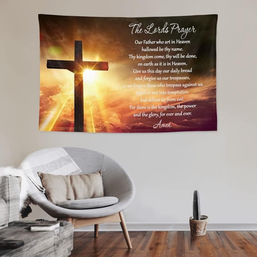 Hgbohyt The Lord's Prayer Tapestry - Religious Tapestry Wall Hanging with Cross Design - Inspirational Christian Home Decor for Church, Bedroom, Living Room Christian Tapestry - 60" x 40"