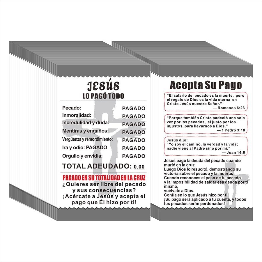 200 Pcs “Jesus Paid It All” Spanish Gospel Tract Cards – Double-Sided Christian Evangelism Cards with Sin Receipt Design, Bible Verse Postcards for Faith Sharing and Outreach