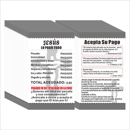 200 Pcs “Jesus Paid It All” Spanish Gospel Tract Cards – Double-Sided Christian Evangelism Cards with Sin Receipt Design, Bible Verse Postcards for Faith Sharing and Outreach
