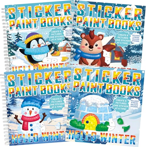 4Pcs Winter Paint by Sticker Books Hello Winter Sticker by Number Books Activity Book Puzzle Book Craft Art Toddler Gift with Igloo Snowman Penguin Squirrel 32 Pictures - style: Hello Winter