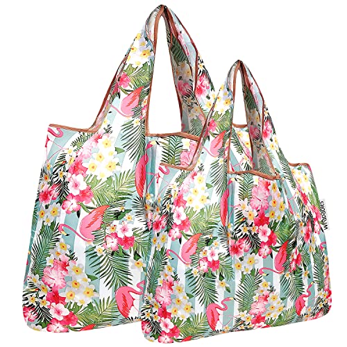 allydrew Large Foldable Tote Nylon Reusable Grocery Bags - color: Set of 2, Flamingos & Tropical Flowers, size: Large & Small (Set of 2)