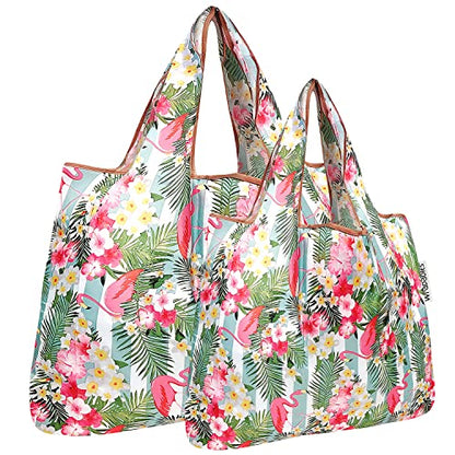 allydrew Large Foldable Tote Nylon Reusable Grocery Bags - color: Set of 2, Flamingos & Tropical Flowers, size: Large & Small (Set of 2)